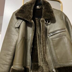 Topshop Olive Green Shearling Leather Jacket